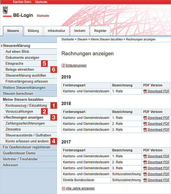 BE-Login bietet verschiedene Steuerdienste.